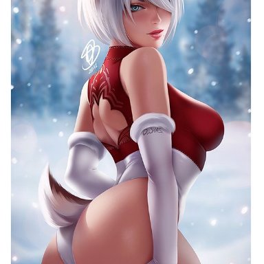 ass, breasts, christmas, cleavage, female, female only, looking at viewer, looking back, nier: automata, olchas, solo, thick thighs, yorha 2b