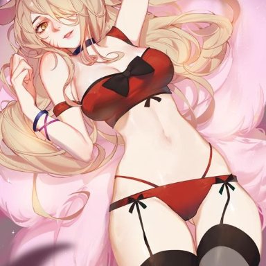 ahri, blonde hair, bra, breasts, cleavage, female, female only, garter belt, league of legends, looking at viewer, panties, solo, songjikyo, thighhighs