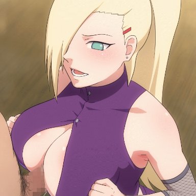 1boy, animated, aqua eyes, bangs, bare shoulders, blonde hair, blush, breasts, censored, cleavage, clothed female nude male, crop top, earrings, elbow pads, female
