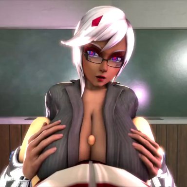 3d, animated, between breasts, blackboard, breasts, business suit, chalkboard, cia (the legend of zelda), classroom, classy, cleavage, cum, cum between breasts, cum on breasts, dark skin