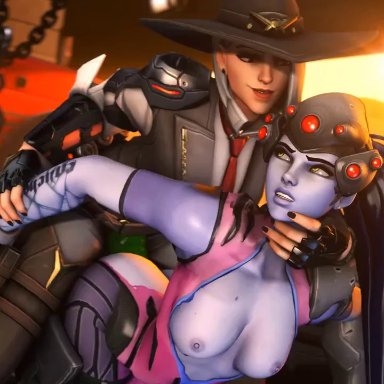 2girls, 3d, animated, areolae, ashe (overwatch), bouncing breasts, breasts, female, female only, from behind, kushishekku, nipples, no sound, overwatch, sex