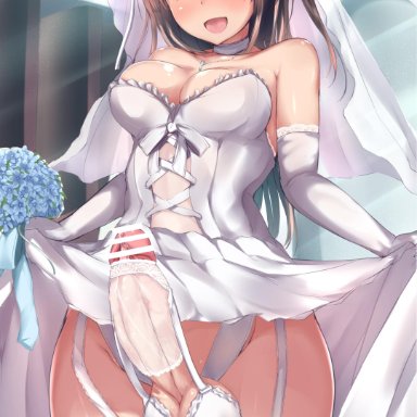 :d, absurdres, akiamare, ball bra, bangs, bare shoulders, blue eyes, blue flower, blush, bouquet, breasts, bridal veil, brown hair, choker, church