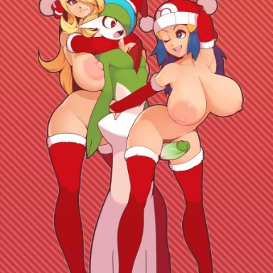 1boy, 2girls, alternate breast size, areolae, armpits, ass, bent over, blonde hair, blue eyes, blue hair, boots, breasts, christmas, collarbone, cynthia (pokemon)