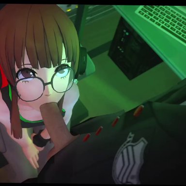 1boy, 1girl, 3d, animated, audionoob, brown eyes, brown hair, chair, earphones, erection, fellatio, female, fugtrup, glasses, headphones