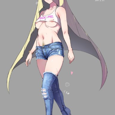 1girl, 2017, aether foundation, areolae, bare shoulders, belly, blonde hair, blush, breasts, dated, denim, denim shorts, feet, female, female only