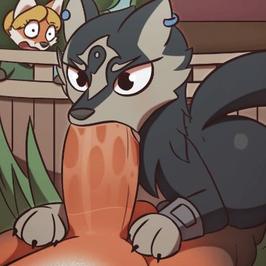 2019, 2d animation, animated, anthro, ass, balls, being watched, big balls, big butt, big penis, black eyes, blush, canine, deep throat, digital drawing (artwork)