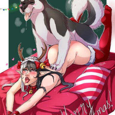 blush, bondage, canine, collar, elf, female, from behind, male, open mouth, restrained, sex, straight, thighhighs, thighsocks, tongue