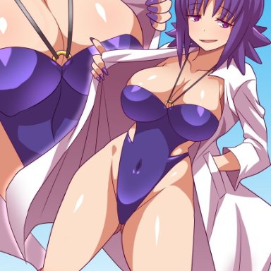 1girl, belly, big breasts, breasts, cleavage, close-up, female, female only, half-closed eyes, huge breasts, human, konno tohiro, labcoat, nail polish, navel