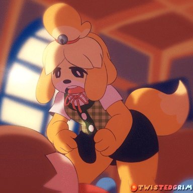 animal crossing, animated, anthro, female, isabelle (animal crossing), presenting, pussy, skirt, skirt lift, solo focus, twistedgrim, upskirt