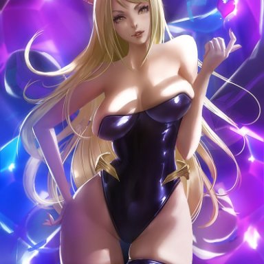 ahri, alternate costume, big breasts, blonde hair, breasts, cleavage, female, female only, k/da ahri, k/da series, large breasts, league of legends, lolliedrop, looking at viewer, solo