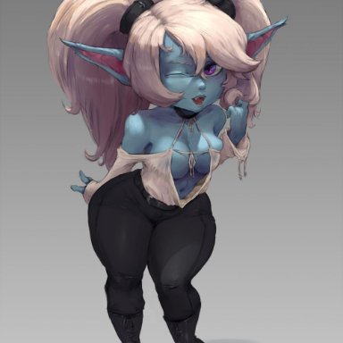 breasts, cleavage, cutesexyrobutts, female, female only, league of legends, looking at viewer, poppy, shortstack, solo, thick thighs, yordle