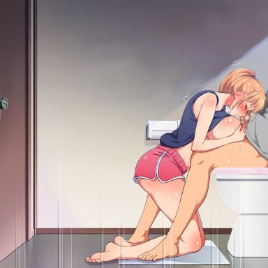 ane wa yanmama junyuuchuu in jikka, ass, barefoot, bathroom, blonde hair, blush, bottomless, breast squeeze, breasts, brown eyes, censored, door, engawa suguru, feet, fellatio