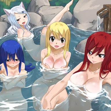 4girls, age difference, animal ears, artist name, bangs, bathing, blonde hair, blue hair, blush, breasts, brown eyes, cat girl, censored, charle (fairy tail), cleavage