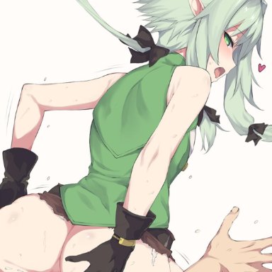 1boy, ass, black bow, black gloves, bow, censored, cum, cum in pussy, eguegu, eyebrows visible through hair, female, from behind, gloves, goblin slayer, green eyes