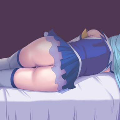 1girl, aqua (konosuba), ass, bed, big ass, big butt, bottomless, dat ass, female only, frilled skirt, highres, kono subarashii sekai ni shukufuku wo!, no panties, pussy, skirt