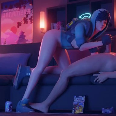 1boy, 1girl, 3d, animated, ass, bottomless, breasts, clothed, clothes, clothing, couch, exposed breasts, faceless male, fellatio, female