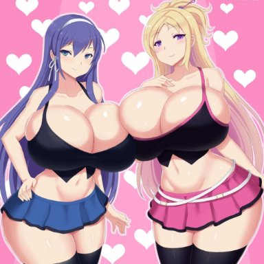 2girls, blonde hair, breasts, cleavage, female, female only, huge breasts, kainkout, looking at viewer, thighhighs, tsukikage koharu, valkyrie drive, viola (valkyrie drive)