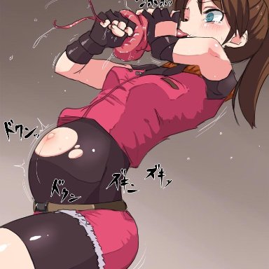 blush, body invasion, breasts, brown hair, claire redfield, clothing, creature, creature inside, female, inflation, interspecies, konarofu, long hair, monster, open mouth