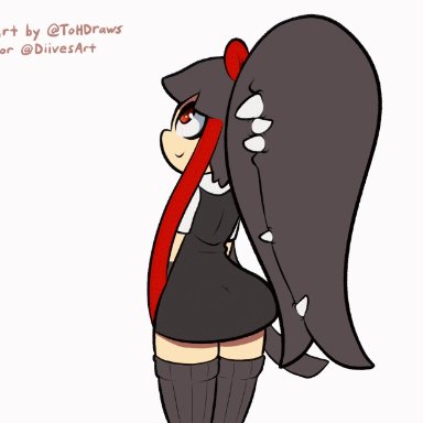 1girl, angry, animated, ass, bent over, big mouth, black hair, clothed, diives, fairy, female, female only, hair mouth, long hair, long tongue