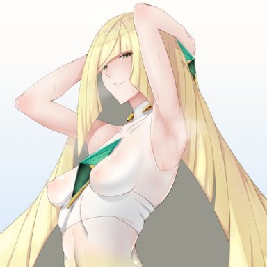 1girl, aether foundation, areolae, armpits, arms up, artist request, bare shoulders, belly, blonde hair, blush, breasts, female, female only, green eyes, hands behind head