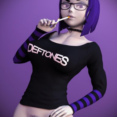 3d, breasts, cigarette, cleavage, dc, female, female only, forsaken (artist), glasses, looking at viewer, pubic hair, pussy, raven, smoking, solo