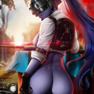 ass, ayyasap, crossover, female, frying pan, highres, overwatch, playerunknown's battlegrounds, pussy, shorts, solo, standing, widowmaker