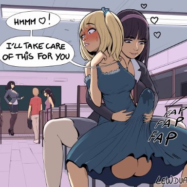 :3, 2futa, alison (lewdua), animated, animated gif, anus, ass, ass slap, balls, beauty mark, being watched, blonde hair, blush, blushing, book