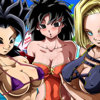 android 18, blonde hair, blue eyes, caulifla, cleavage, curvy, dragon ball, dragon ball minus, dragon ball super, erect nipples, gine, huge areolae, huge breasts, maniaxoi, milf