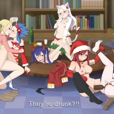 6girls, against table, ass grab, big breasts, bottle insertion, charle (fairy tail), christmas, doggy style, drunk, erza scarlet, fairy tail, hedit08, high heels, highres, juvia lockser