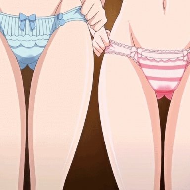 2d, 2girls, animated gif, areolae, bare thighs, big boobs, big tits, blonde hair, blue bra, blue underwear, body blush, boobs, bouncing breasts, bra removed, breasts