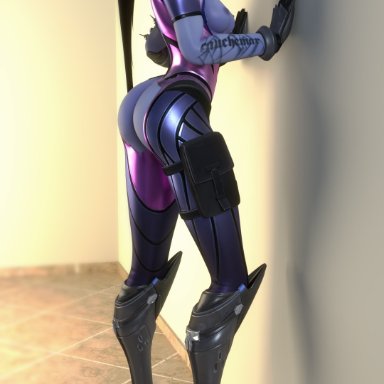 3d, areolae, ass, blender, breasts, female, female only, looking at viewer, looking back, mavixtious, nipples, overwatch, solo, widowmaker