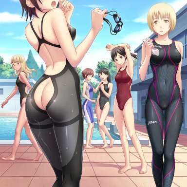 :d, :o, 6+girls, arena (company), armpits, arms up, asics, ass, ass cutout, back, barefoot, blonde hair, blush, breasts, brown eyes