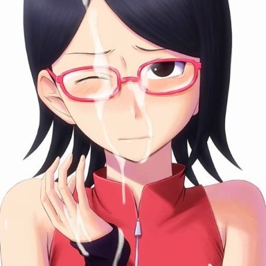 artist request, black eyes, black hair, blush, boruto: naruto next generations, bukkake, clothing, cum, cum in hands, cum on clothes, cum on face, cum on glasses, cum on hair, cum on hand, cum on head