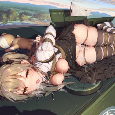 after sex, areolae, arms behind back, bandage, bangs, black legwear, black skirt, blue sky, blush, boko (girls und panzer), bondage, bound, breasts, breasts outside, brown eyes