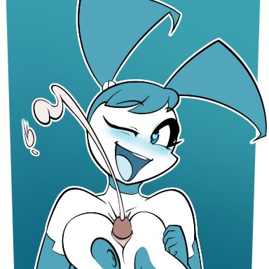 android, blush, breasts, cum, female, heart-shaped pupils, huge breasts, jennifer wakeman, long hair, my life as a teenage robot, nipples, nude, one eye closed, open mouth, paizuri