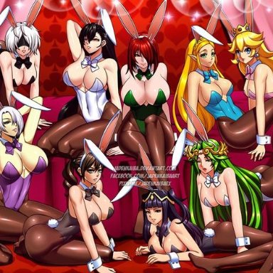 13girls, 6+girls, aqua (kingdom hearts), bayonetta, bayonetta (character), black hair, blonde hair, breasts, bunny girl, bunnysuit, female, final fantasy, glasses, harem, isabella valentine