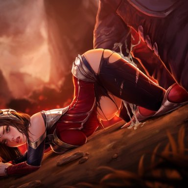 all fours, ass up, bent over, bulge, clothing, cum, cum inside, duo, female, firolian, irelia, league of legends, male, penetration, sex