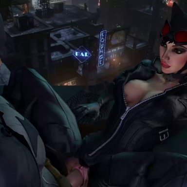 animated, balls deep, batman, batman (series), batman: arkham city, bouncing breasts, catwoman, choker, cleavage, clitoris, clothed sex, crotch cutout, dc, dc comics, gasp