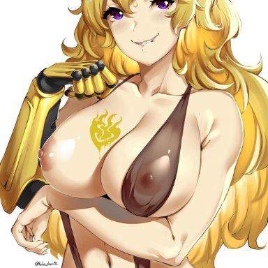 areolae, big breasts, blonde hair, blush, breasts, female, long hair, lulu-chan92, nipples, prosthetic, prosthetic arm, purple eyes, rwby, see-through bikini, sling bikini