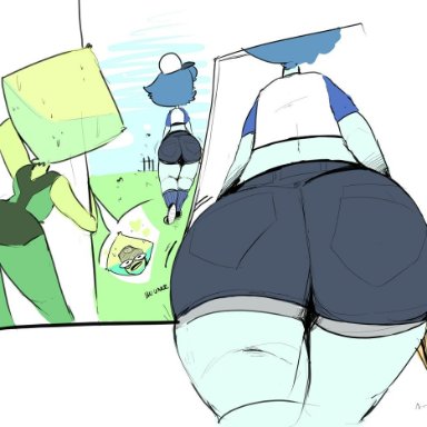 ass, big ass, black eyes, bubble butt, elchilenito, from behind, huge ass, lapis lazuli (steven universe), peridot (steven universe), short hair, shorts, steven universe, thick thighs, white background