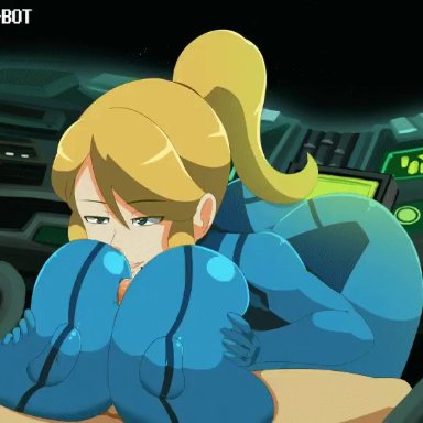 1girl, animated, bard-bot, blonde hair, blue eyes, bouncing ass, bouncing breasts, cleavage, curvy, erect nipples, female, gigantic breasts, huge areolae, huge ass, metroid