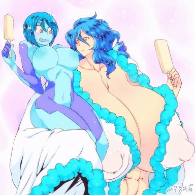 animated, aoiko, big breasts, blue skin, blush, hataraki ari, huge breasts, long hair, popsicle, short hair, yuki (hataraki)