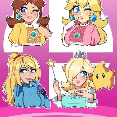 4girls, animated, blonde hair, blue eyes, blush, breasts, brown hair, clothes removed, luma, lunaofwater, metroid, multiple girls, nintendo, nipples, otako studio