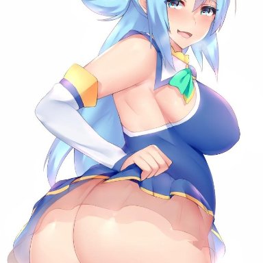 1girl, abstract background, aqua (konosuba), ass, back, bangs, bare ass, bare shoulders, blue eyes, blue hair, blue legwear, blue shirt, blue skirt, blush, bow