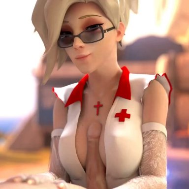 animated, bewyx, elbow gloves, erect nipples, glasses, mercy, nipple bulge, nurse, overwatch, paizuri, sound, tagme, titfuck, webm