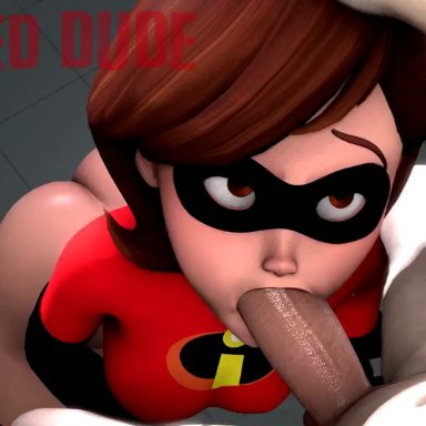 1boy, 1girl, 3d, animated, artist name, ass, big ass, big penis, bottomless, breasts, brown hair, deepthroat, domino mask, duo, elbow gloves