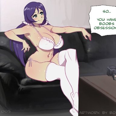 ..., artist name, bikini, blue hair, blush, bokuman, breasts, camcorder, casting couch, cleavage, clothed, couch, crossed legs, curvy, desk