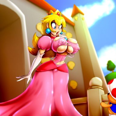 big breasts, blonde hair, blue eyes, breast expansion, breasts, bursting breasts, cicada, crown, earrings, elbow gloves, gloves, large breasts, nintendo, nipple bulge, princess