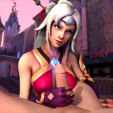 3d, animated, female, geckoscave, handjob, lian (paladins), male, paladins, penis, sound, webm, white hair