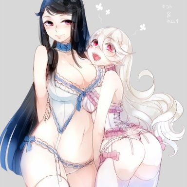 2girls, ass, babydoll, black hair, blush, breasts, choker, cleavage, corset, curly hair, curvaceous, daughter, female, female my unit (fire emblem if), female only